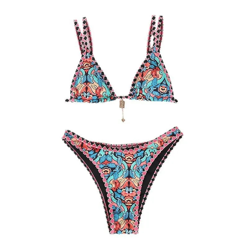 Retro 4-colour printed women's bikini swimwear in polyester fabric with European American briefs style