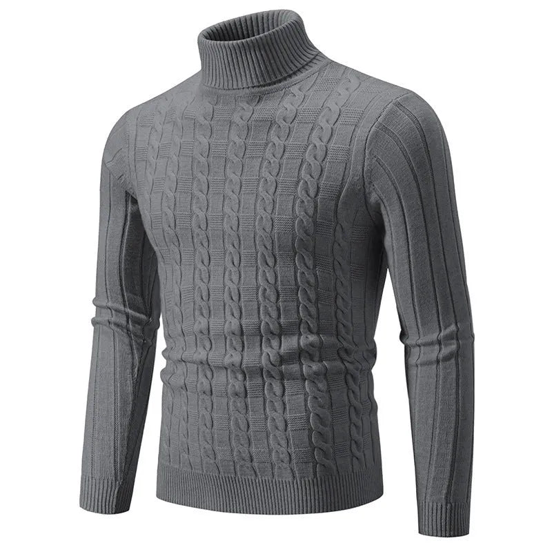 Men's slim fit chenille turtleneck pullover in dark gray on a hanger
