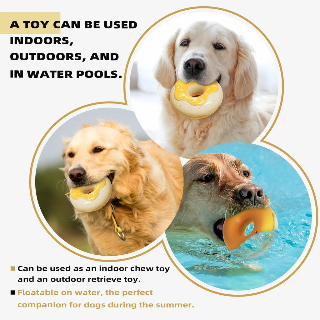 Pink donut-shaped dog chew toy with textured surfaces for dental cleaning