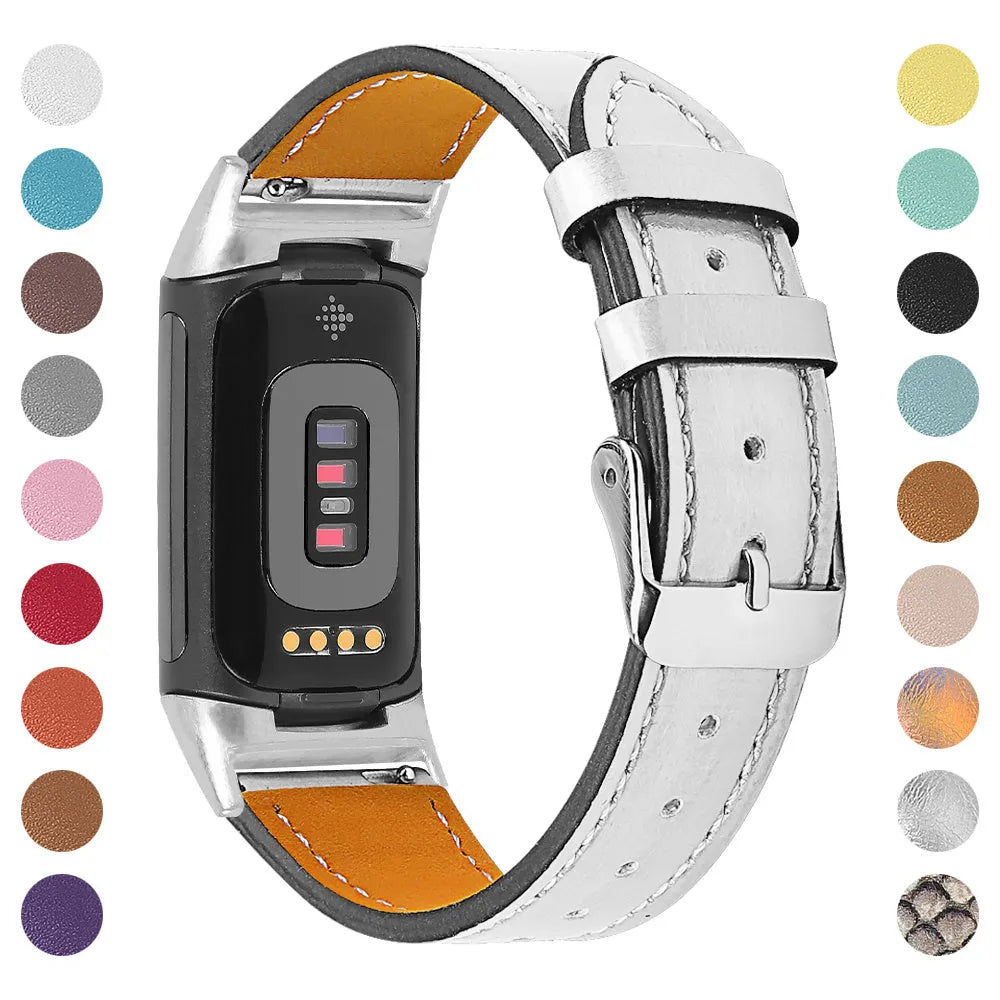 Genuine leather strap for Fitbit Charge 5 and Charge 6 smartwatch in multiple colour options.