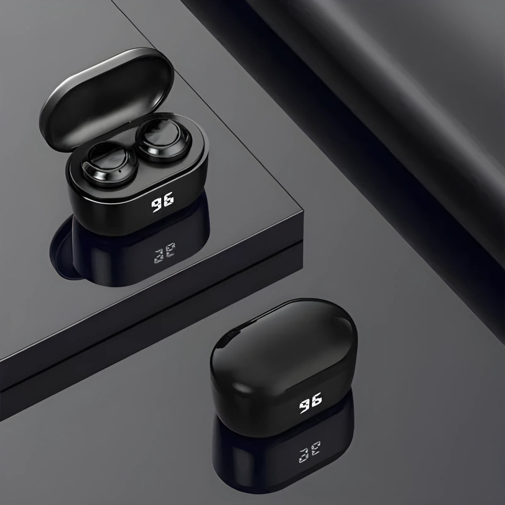 Black bilateral earplug-style stereo Bluetooth headset with Bluetooth 5.0 and NFC.
