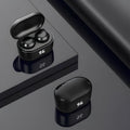 Black bilateral earplug-style stereo Bluetooth headset with Bluetooth 5.0 and NFC.