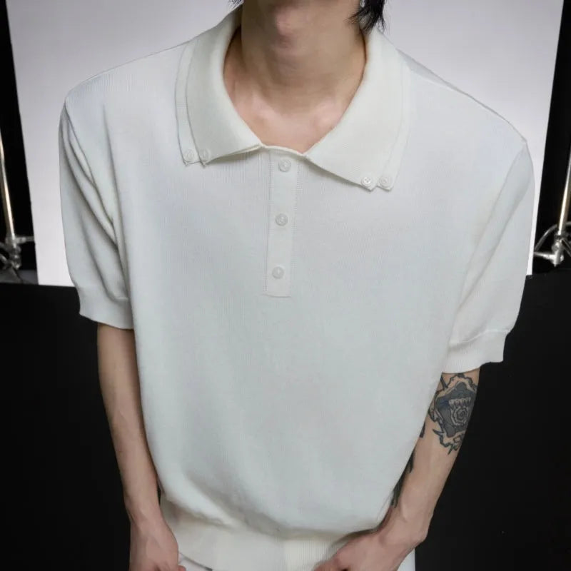 Men's black polyester knit short sleeve shirt with double collar design and loose fit