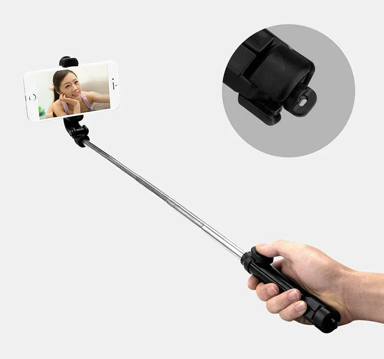 Black iPhone tripod selfie stand with extended aluminium rod and Bluetooth remote control