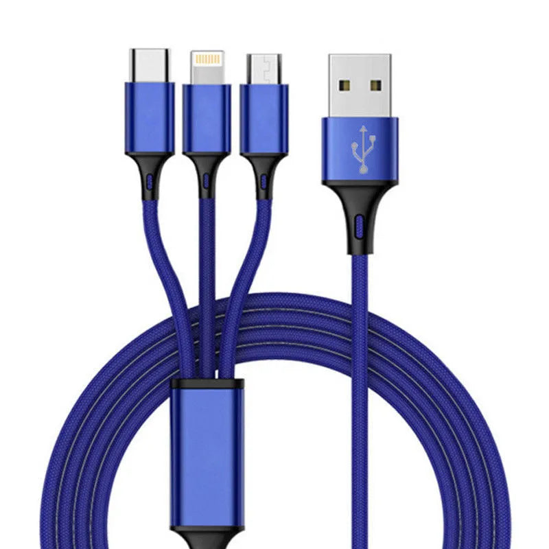 Braided 3-in-1 universal USB data cable in multiple colours, showing iPhone, Android, and Type-C connectors.