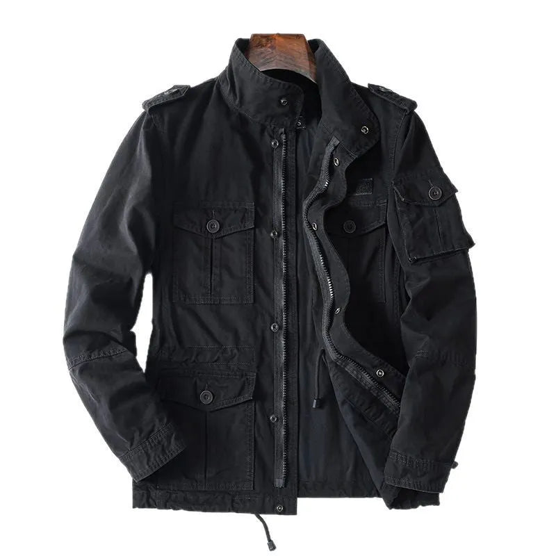 Men's loose fit cotton zip-up jacket in light brown shown on a model.