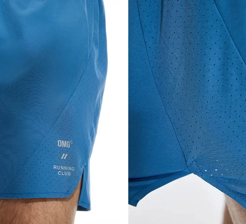 Men's four-point stretch running shorts with laser stitching in black or blue
