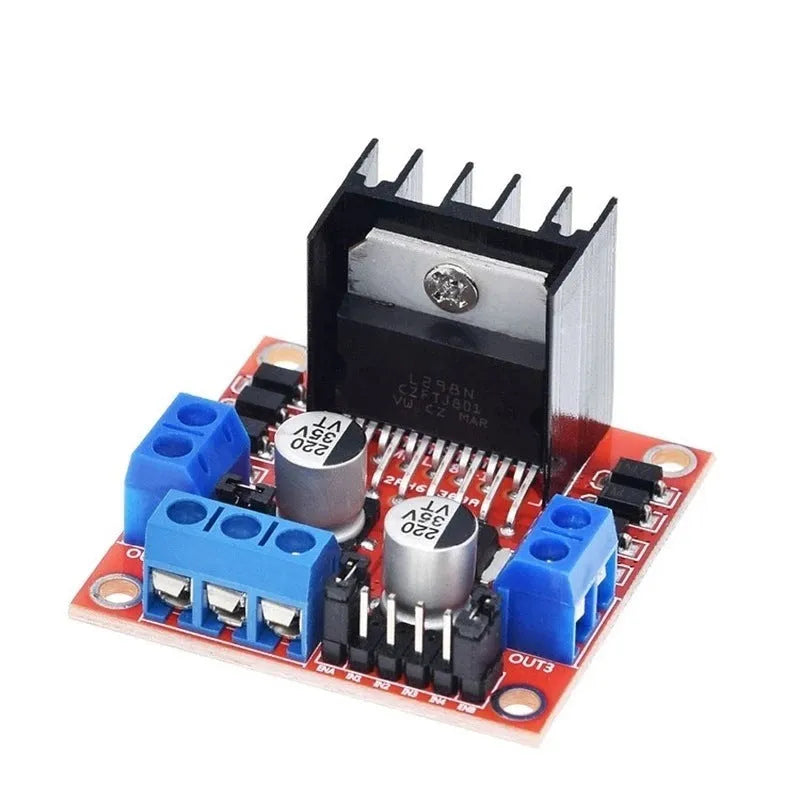 L298N dual H-bridge motor driver module on a green PCB with screw terminals