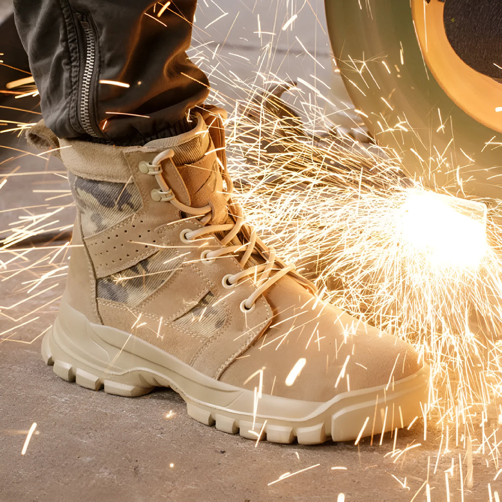 Khaki coloured high-top suede combat boots with a steel toe cap and front lace-up closure.