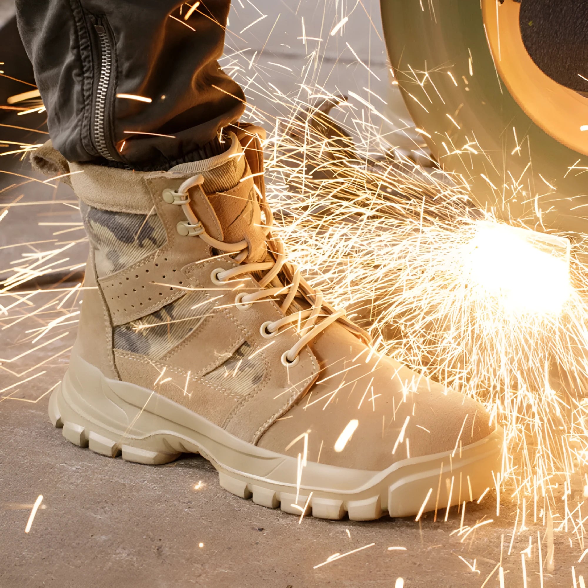 Khaki coloured high-top suede combat boots with a steel toe cap and front lace-up closure.