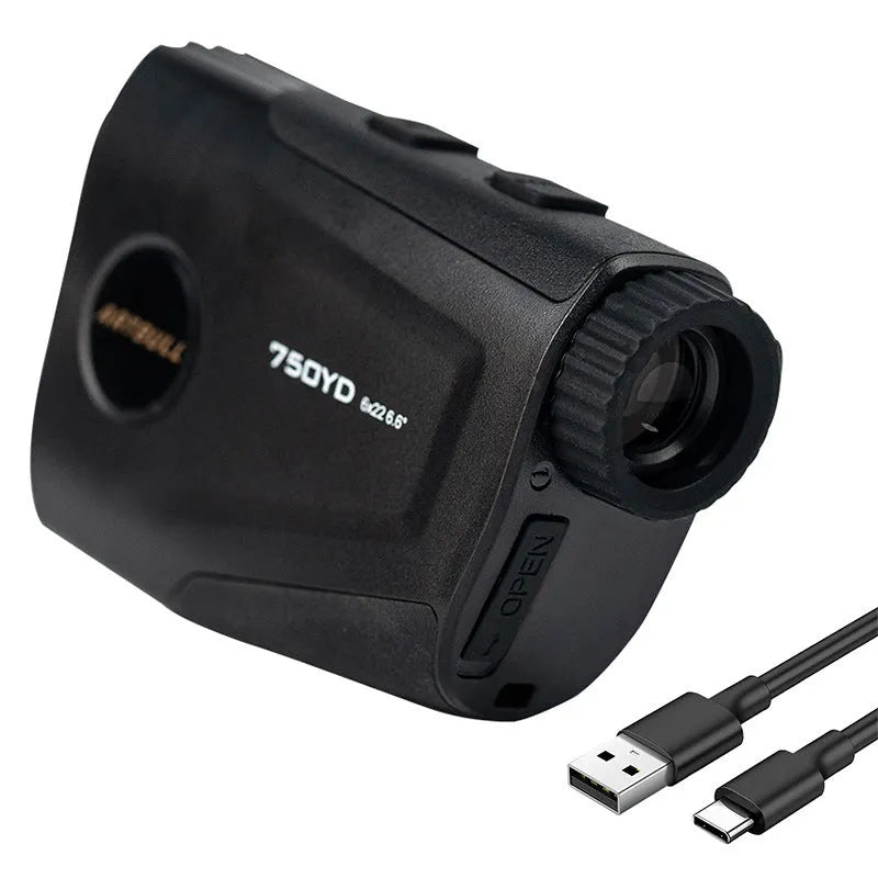 Rechargeable golf laser rangefinder distance meter showing LCD display with yard measurement