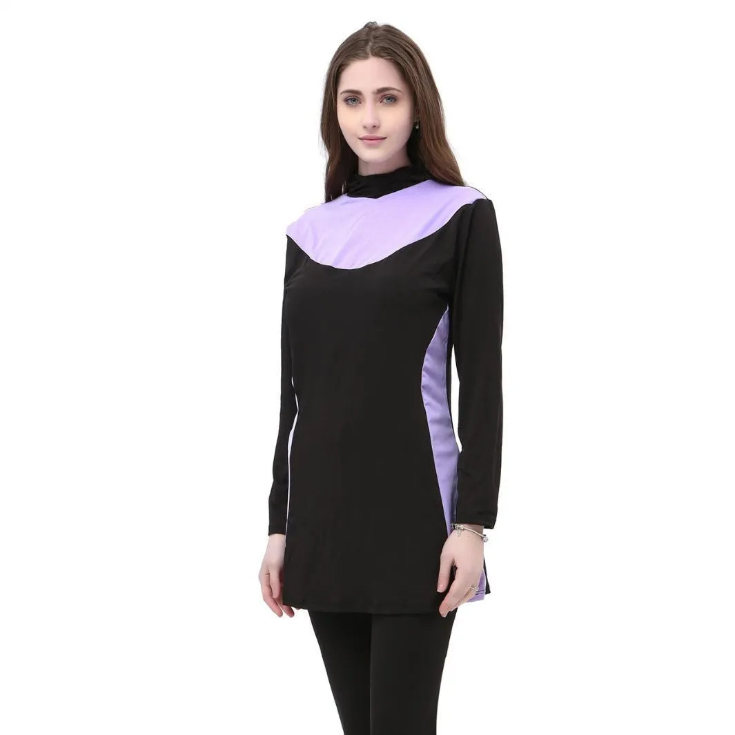 Conservative long-sleeved hooded two-piece swimsuit for women in black with coloured accents.