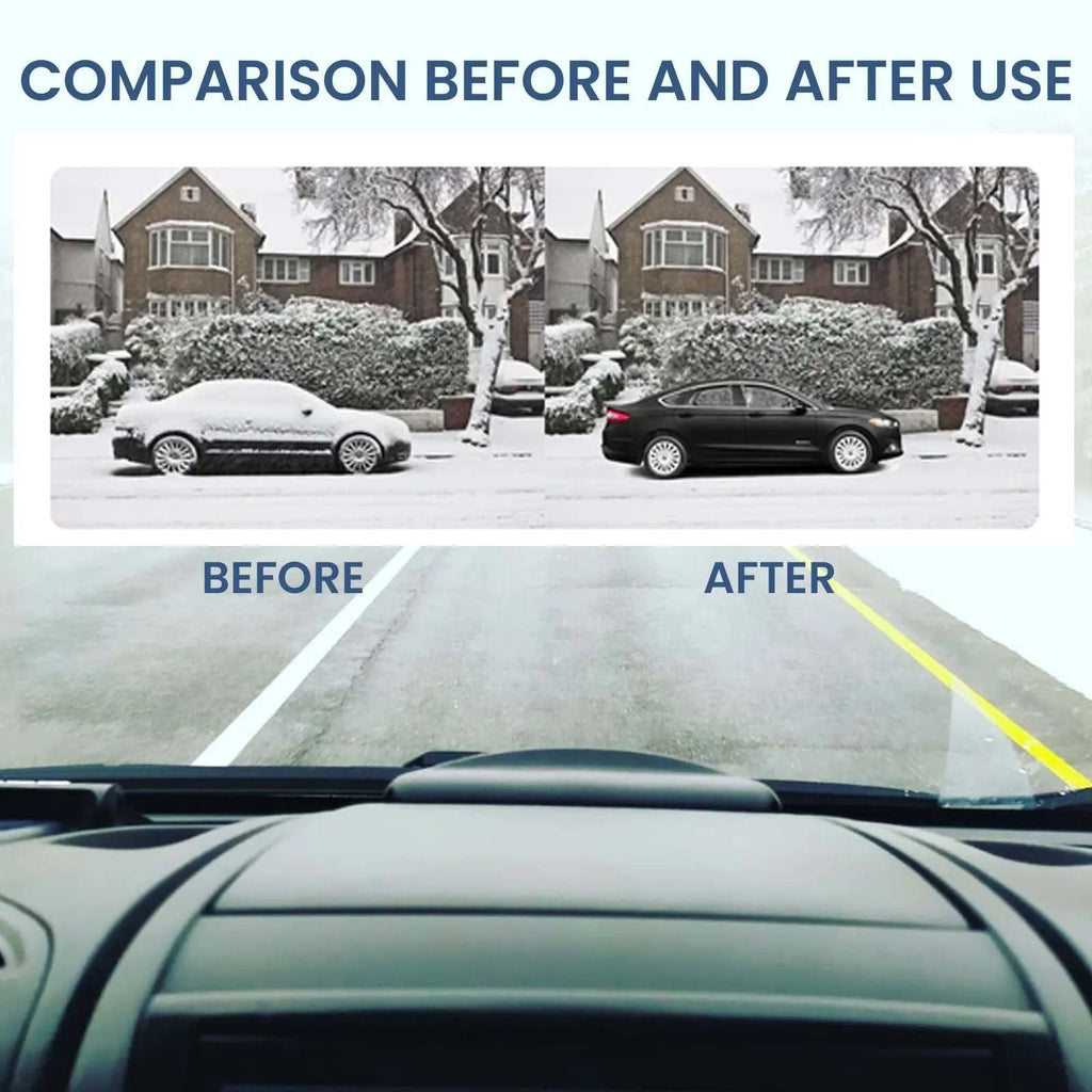 A black handheld car de-icer tool for melting snow and ice on windscreens.