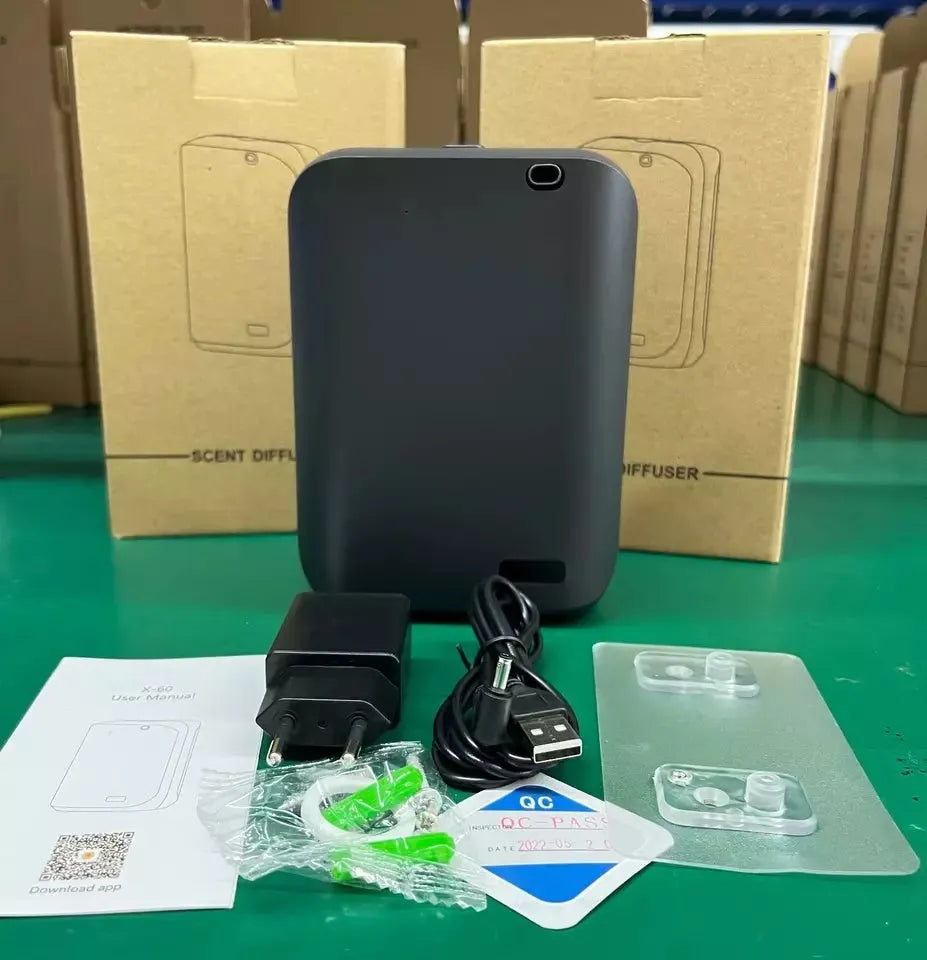 White HVAC wall mount essential oil diffuser with 150ml capacity and smart app control features