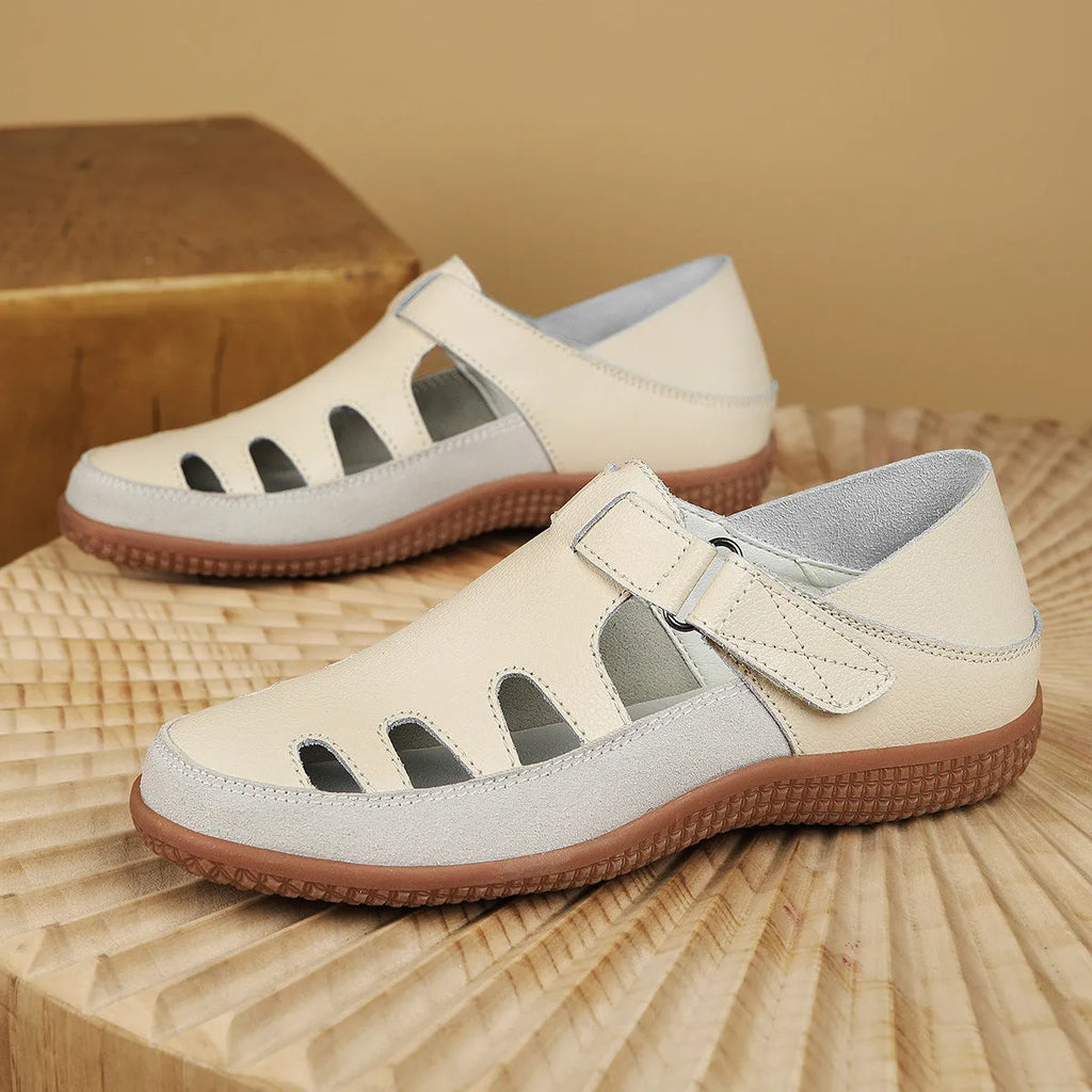 Plus size women's flat heel sandals with hollow toe cap in blue, red, and white colour options