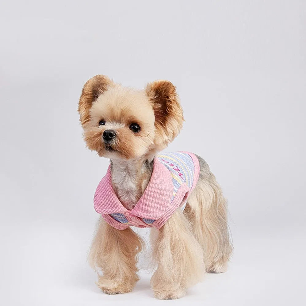 Pink purple vest for a small dog or cat on a mannequin, showing autumn pet clothing.