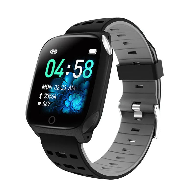 F16 smart watch with ECG monitor on wrist, showing black green silicone band and 43mm IPS display.
