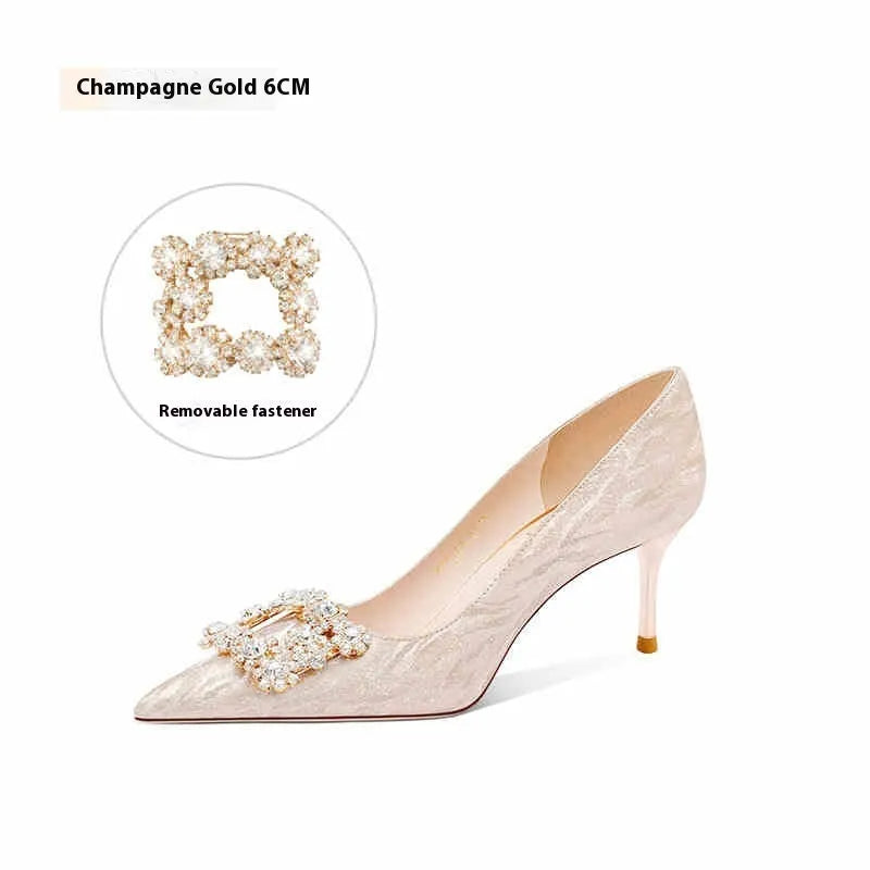 Champagne gold pointed toe high heels with stiletto heel and rhinestone decoration