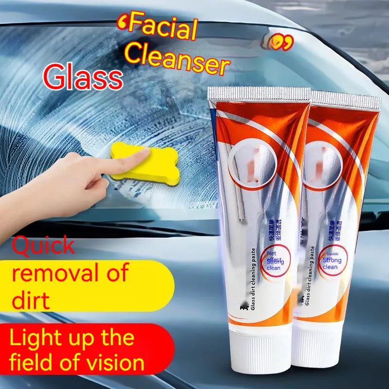 White 65ml car windshield cleaning agent paste in 13.2cm packaging with sponge applicator for glass descaling.