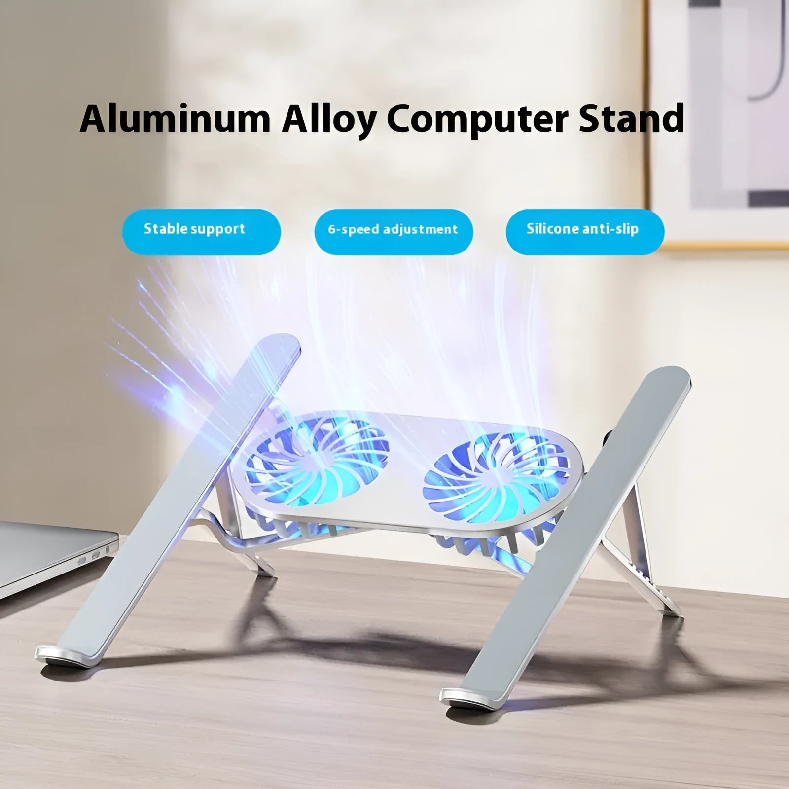 Silver aluminium portable laptop cooling stand with twin fans and adjustable height mechanism