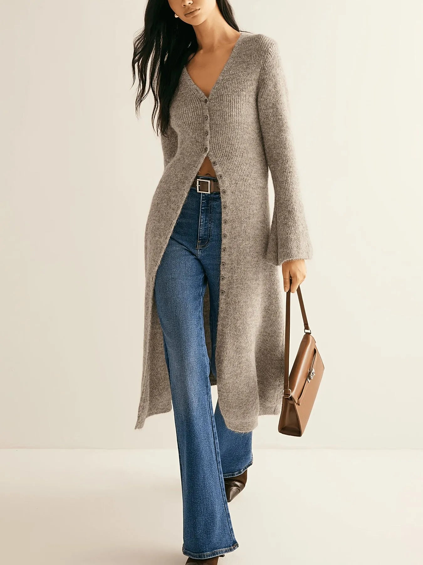 Khaki French retro style women's cardigan with button front and long sleeves