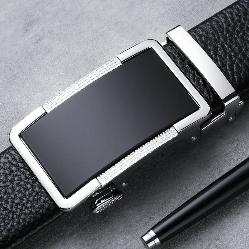 Men's leather automatic buckle belt in gun black, showing the alloy buckle and length sizing.