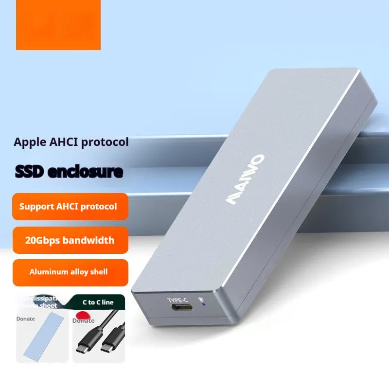 Aluminium M.2 SATA SSD enclosure kit with USB Type-C cable, screwdriver, screws, and thermal pad.