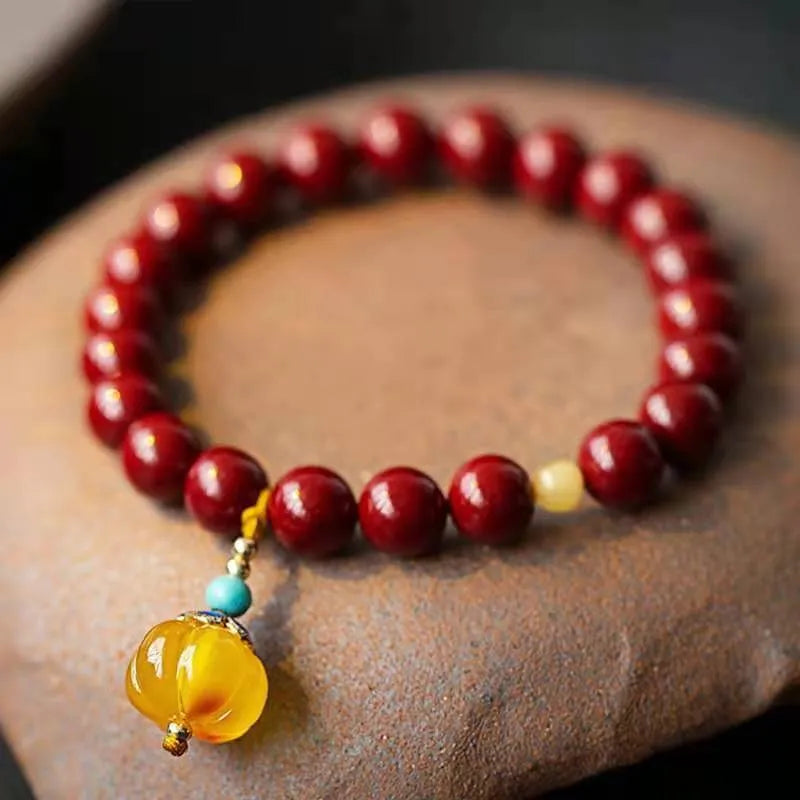 Handcrafted cinnabar bracelet with copper beads in wave design, national style unisex accessory
