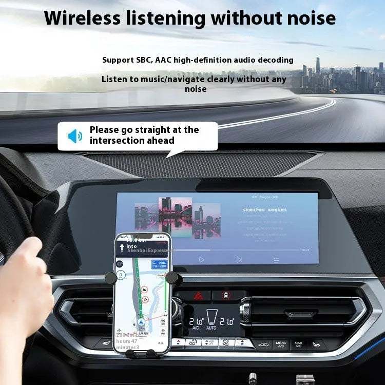 USB car Bluetooth 5.4 audio receiver with black PU-sheathed cable, zinc alloy USB-A connector, and copper 3.5mm AUX jack.
