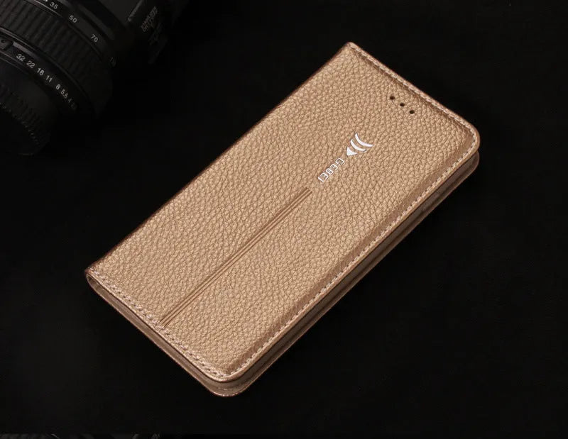 Black PU leather wallet-style case open to show card slots, next to an iPhone.