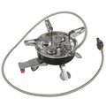 Silver folding stainless steel split camping stove with copper fittings and extended hose