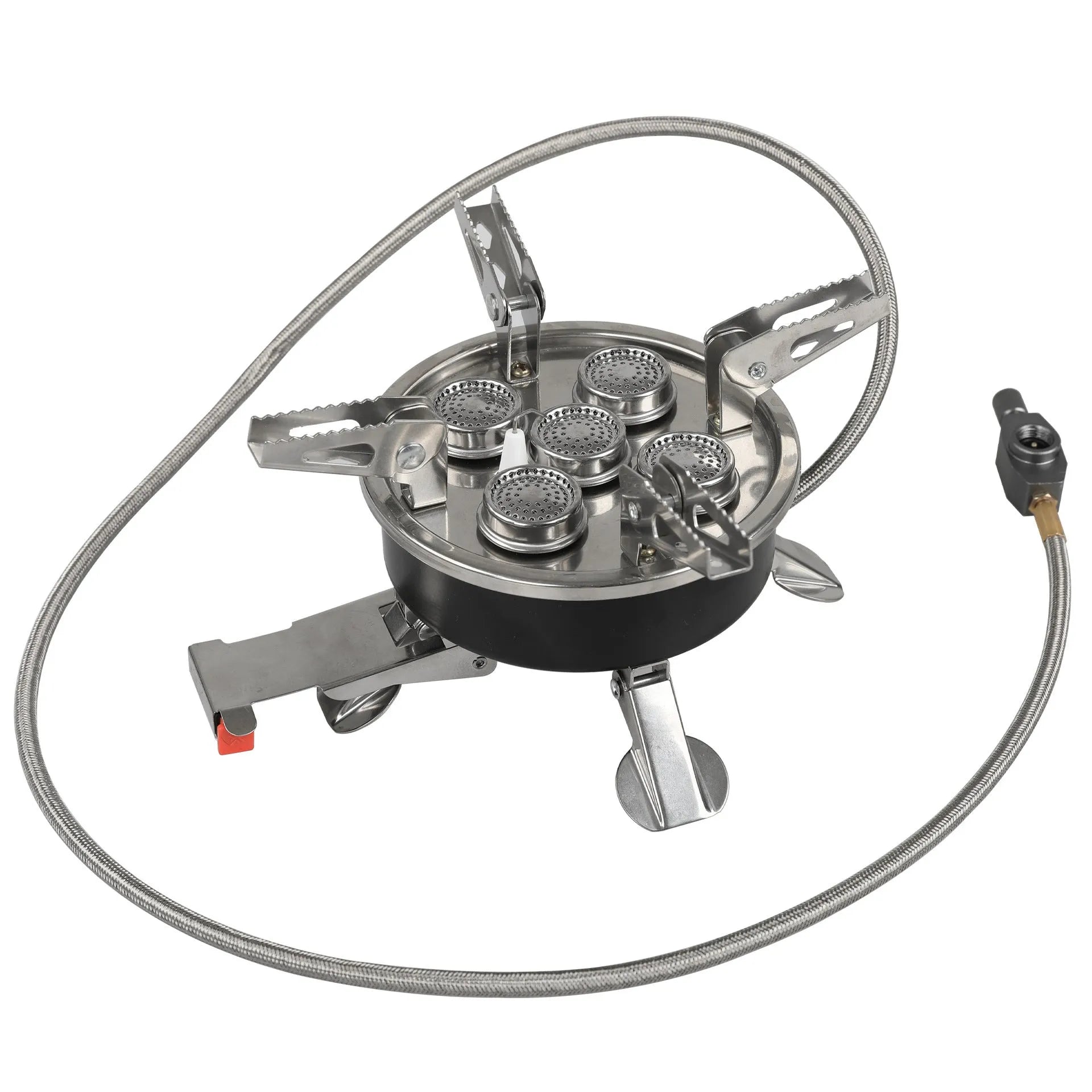 Silver folding stainless steel split camping stove with copper fittings and extended hose