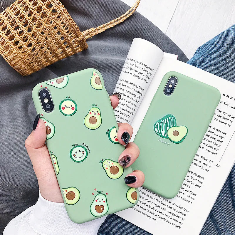 Avocado cartoon design on a green TPU phone case for iPhone.