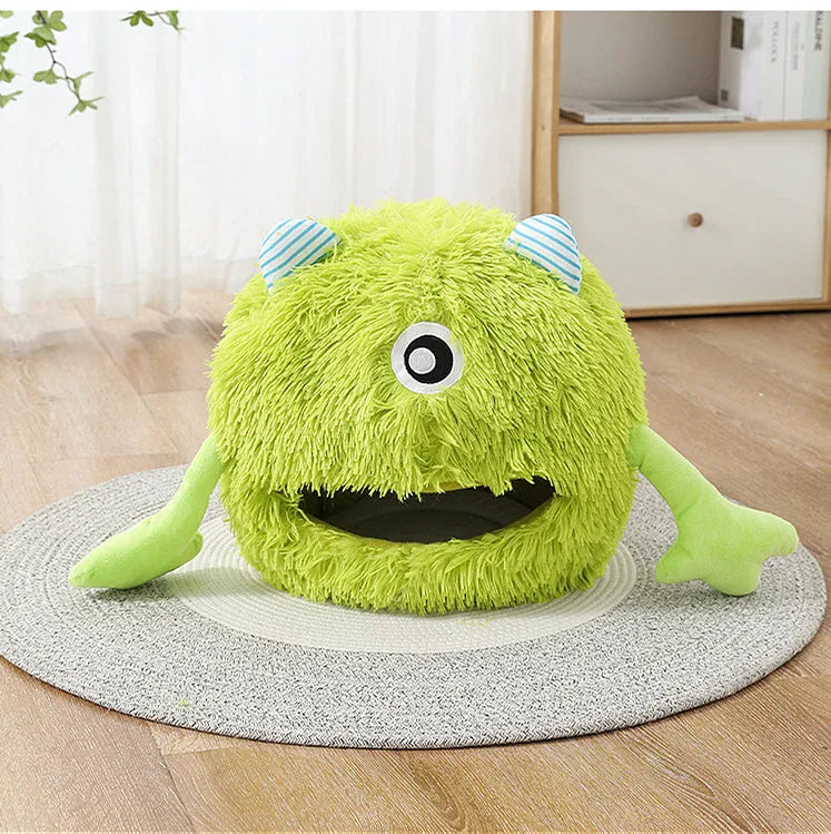 Round fluffy plush cat bed on floor with non-slip base, shown in three size options
