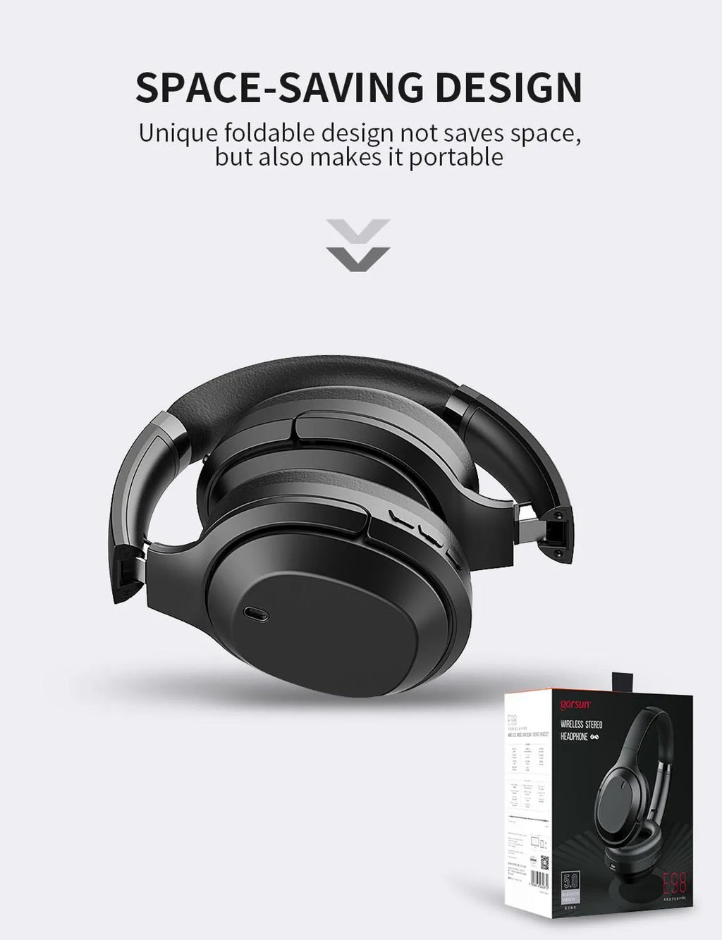 Black Gorsun E98 wireless over-ear Bluetooth headphones with memory-protein ear cushions