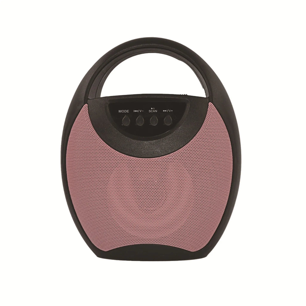 Portable Bluetooth speaker in black, blue, or pink with USB and SD card slots.