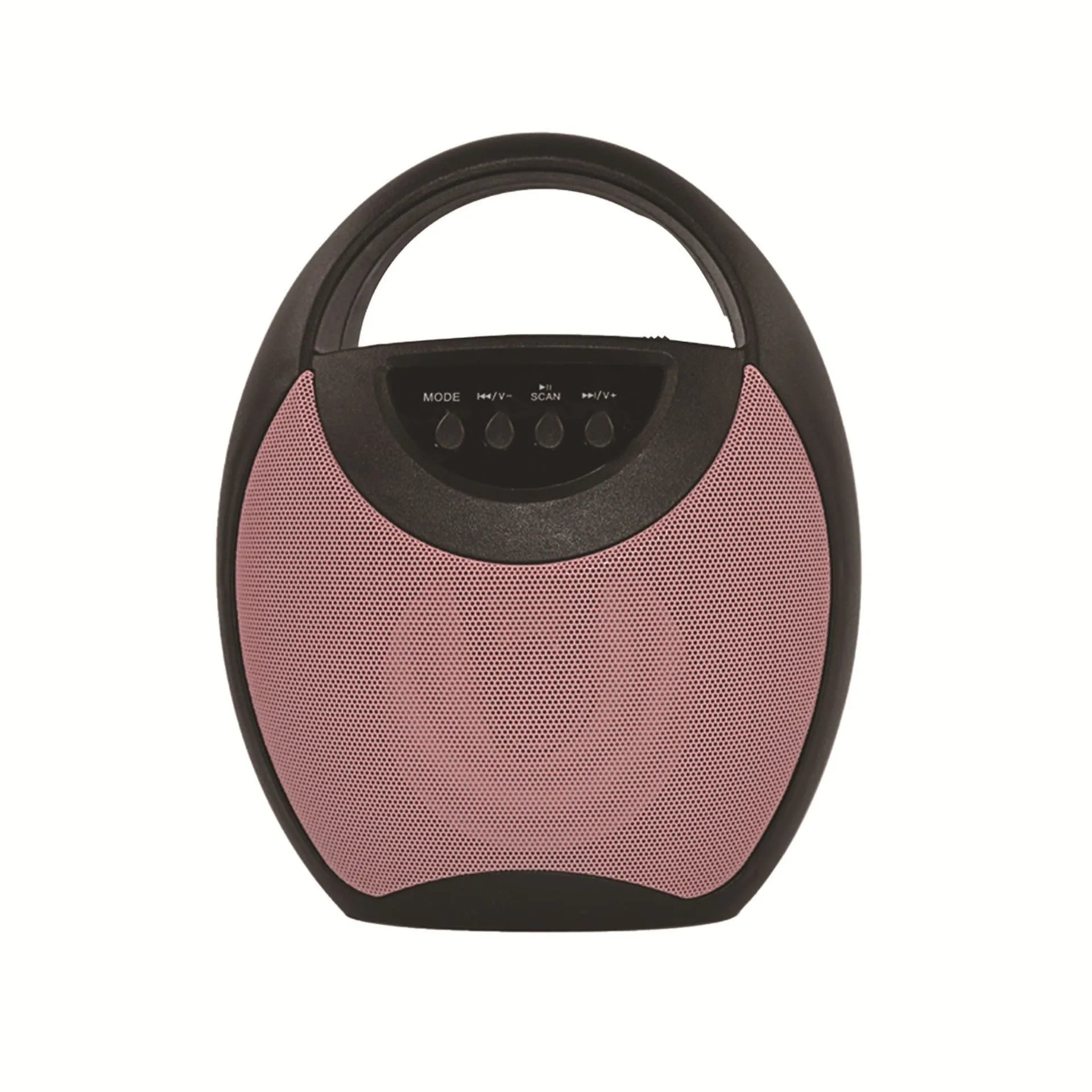 Portable Bluetooth speaker in black, blue, or pink with USB and SD card slots.