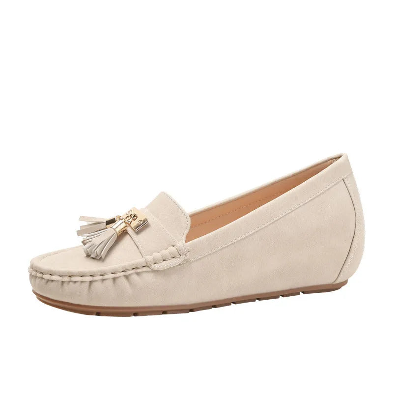 Nude casual work shoes with a mid heel, round toe, available in black, brown, blue, and milky white.