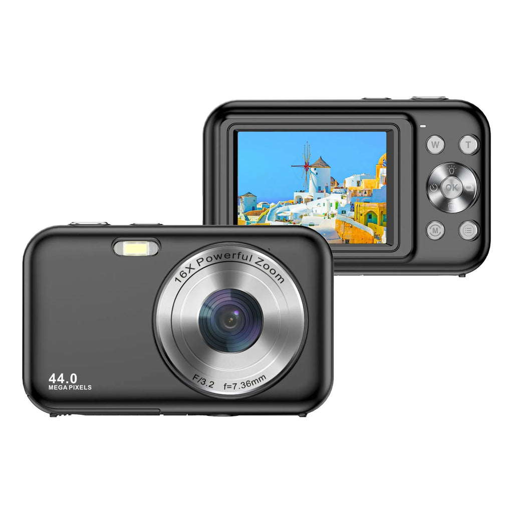 Children's digital camera with 2.4 inch screen in four colour options: black, green, pink, and purple
