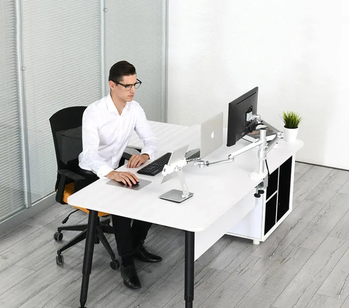 Folding desktop phone tablet stand in silver with 360-degree rotation feature