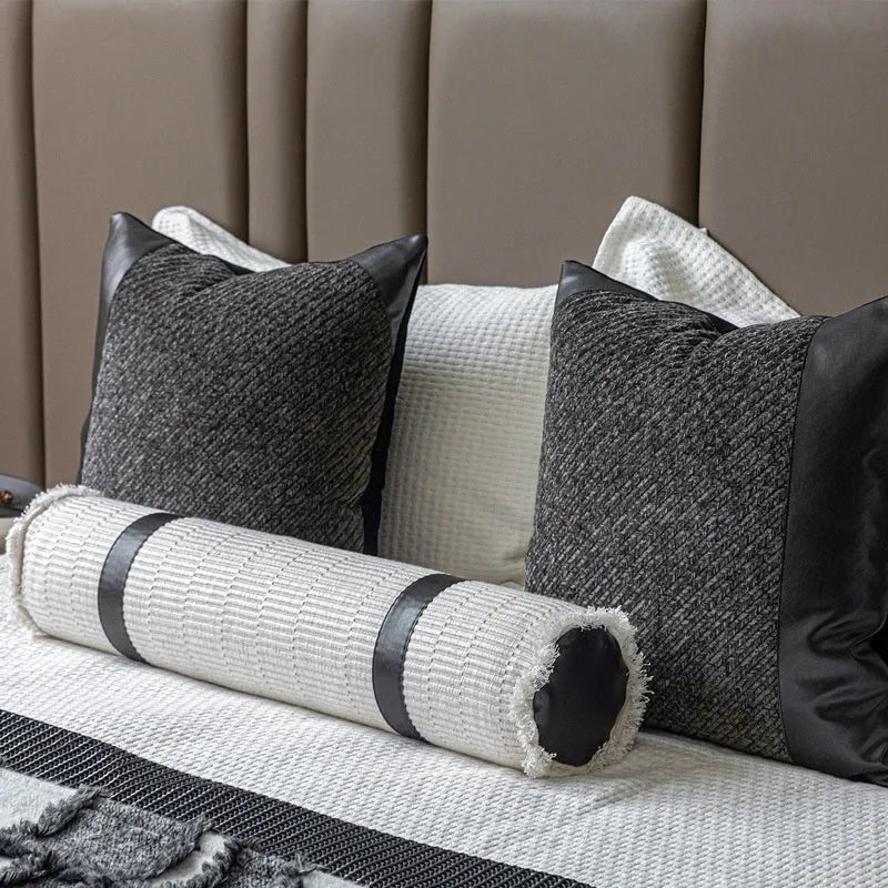 Modern minimalist grey and white plaid bed runner set with leather round pillow on a 1.5m-1.8m bed