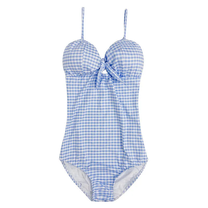 Blue and white plaid women's one-piece swimsuit on hanger