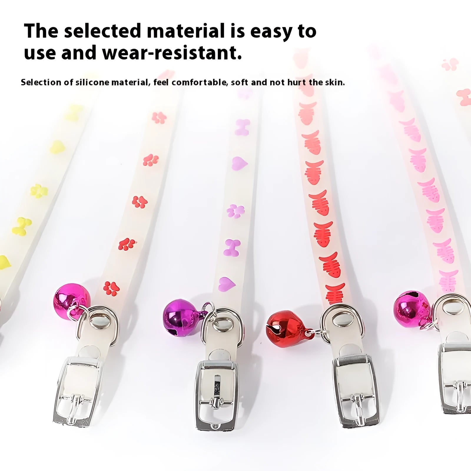 Luminous adjustable cat collar with silicone chain and metal bell in various decorative styles