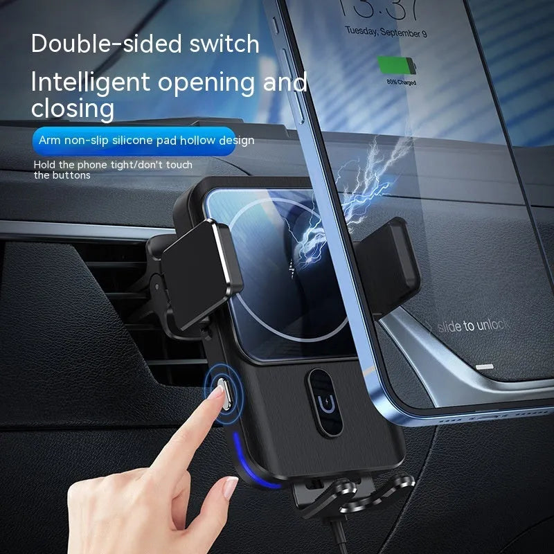 Black car wireless charger phone holder with 15W charging and suction cup or clip mounting options
