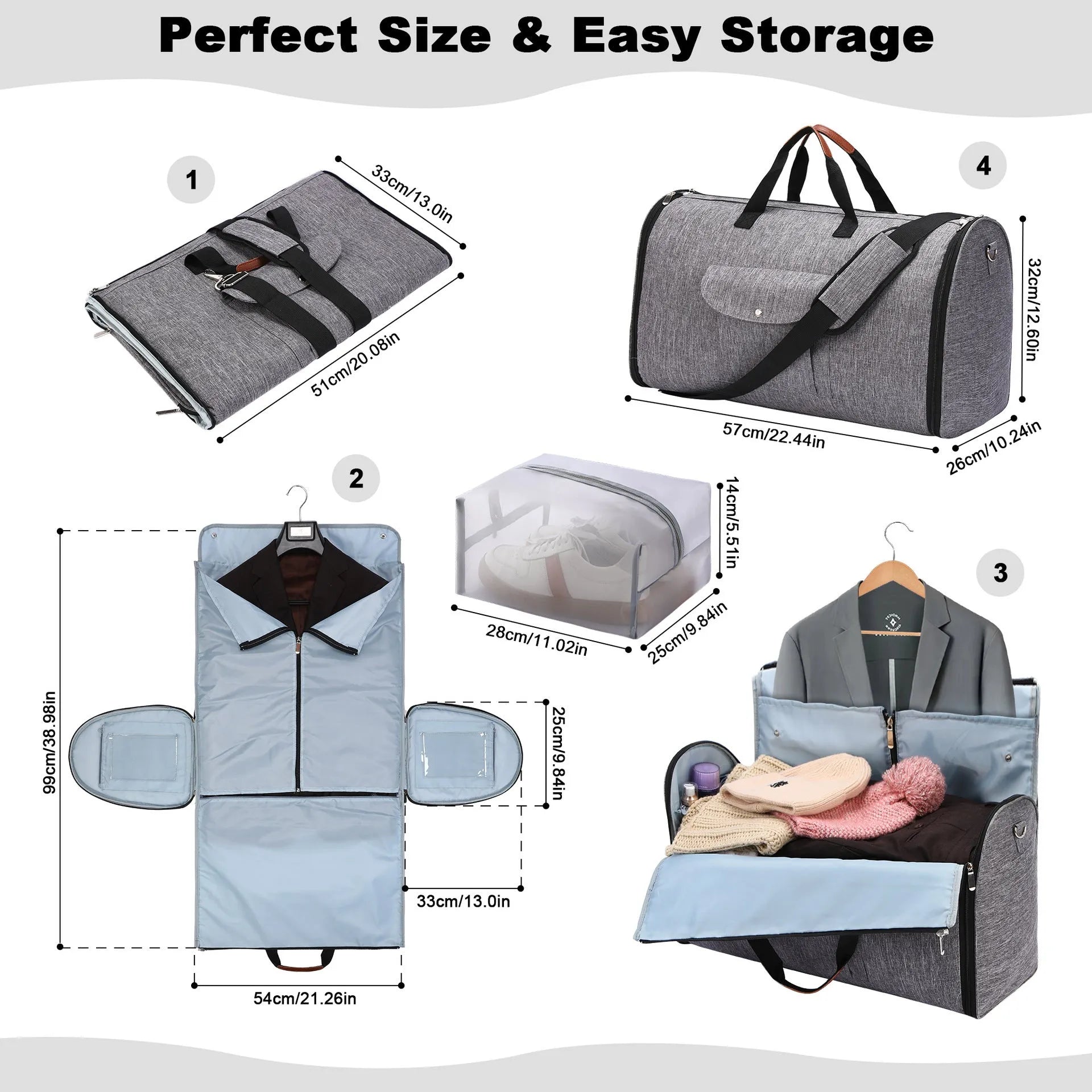 Folding travel duffel bag in dark blue Oxford cloth with 36-55L capacity