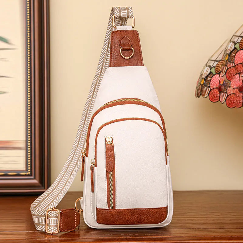 Soft brown PU women's crossbody messenger bag with an open front pocket and sewing thread detail.