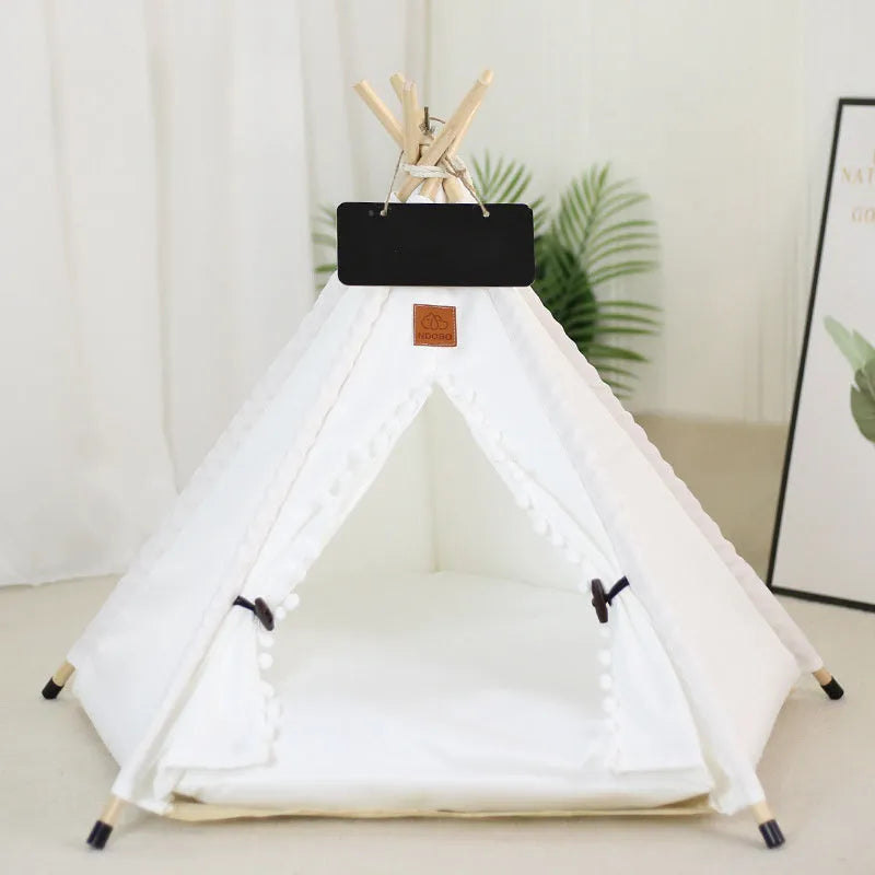 Portable pet teepee tent bed with striped pattern and cushion for small dogs cats rabbits