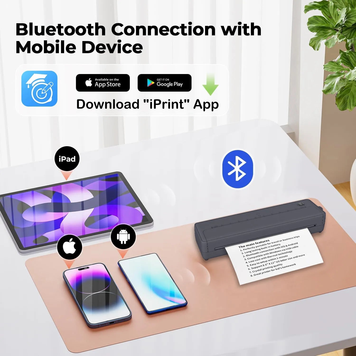 X8 Black and White portable A4 Bluetooth printer with USB port on a desk