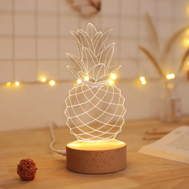 Pineapple-shaped wooden and acrylic bedside lamp with USB cable and dimmer controls