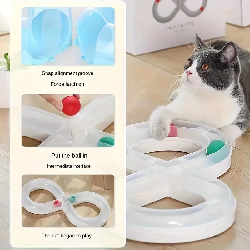 Blue and white cat turntable toy with rotating track ball and teasing stick for feline play